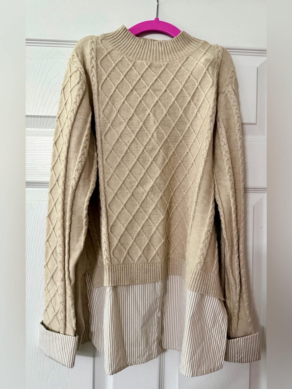 80 Park tan mixed-cable knit sweater shirt twofer.